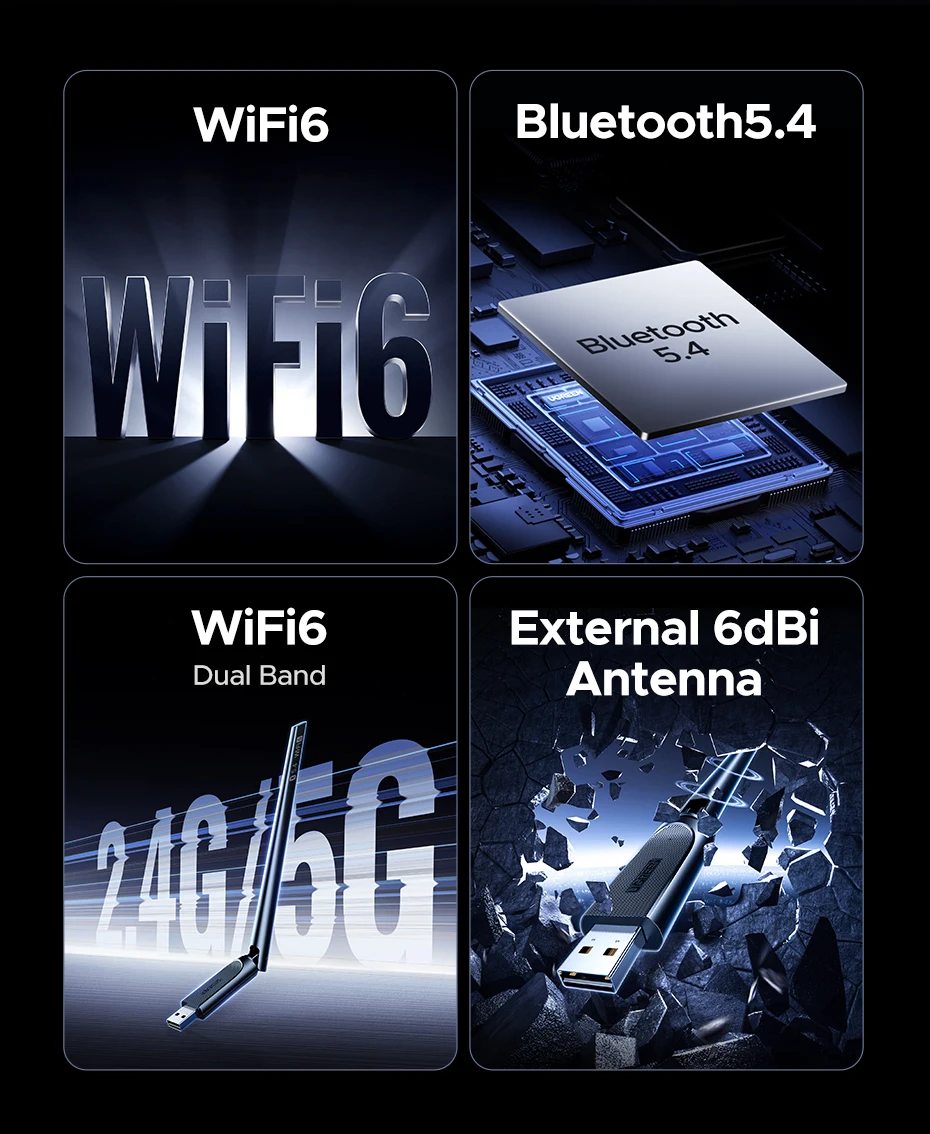 UGREEN WiFi Adapter Bluetooth Adater AX900 5G&2.4G Dual Band WiFi6 Dongle Adapter for Desktop PC Laptop Accessories 6dBi Antenna