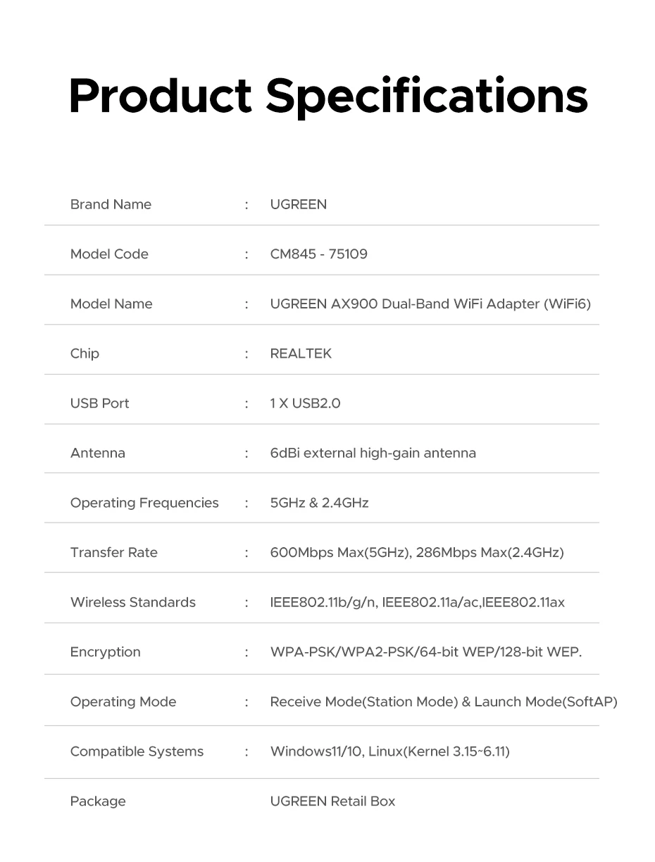 UGREEN WiFi Adapter Bluetooth Adater AX900 5G&2.4G Dual Band WiFi6 Dongle Adapter for Desktop PC Laptop Accessories 6dBi Antenna