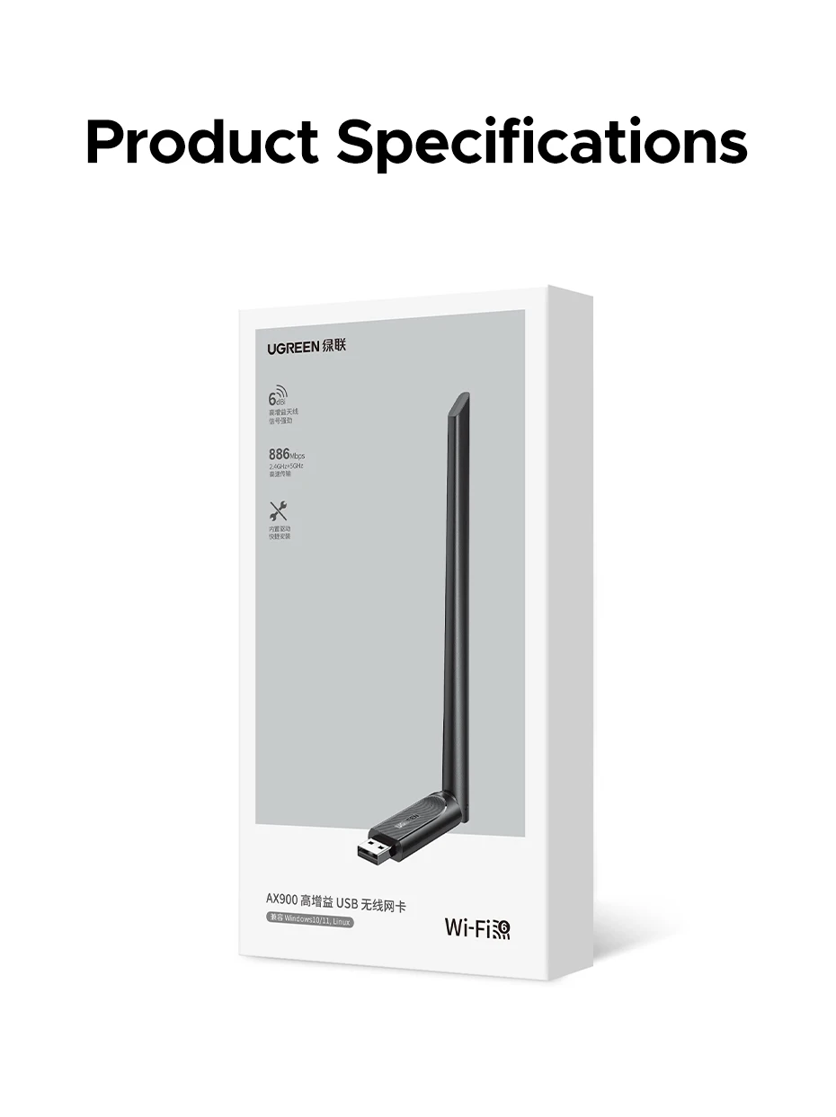 UGREEN WiFi Adapter Bluetooth Adater AX900 5G&2.4G Dual Band WiFi6 Dongle Adapter for Desktop PC Laptop Accessories 6dBi Antenna